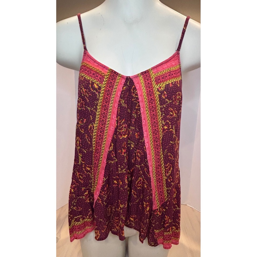 Free‎ People FP-287 Floral Boho Cami Tank Top Burgundy Pink Gold Size M